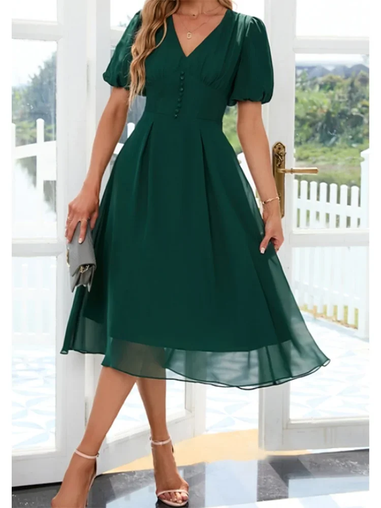 Women Plus Size Short Sleeve Dress V-Neck Elegant Slim Waist Pleated A-Line Chiffon Puff Sleeve Dresses for Summer 2024