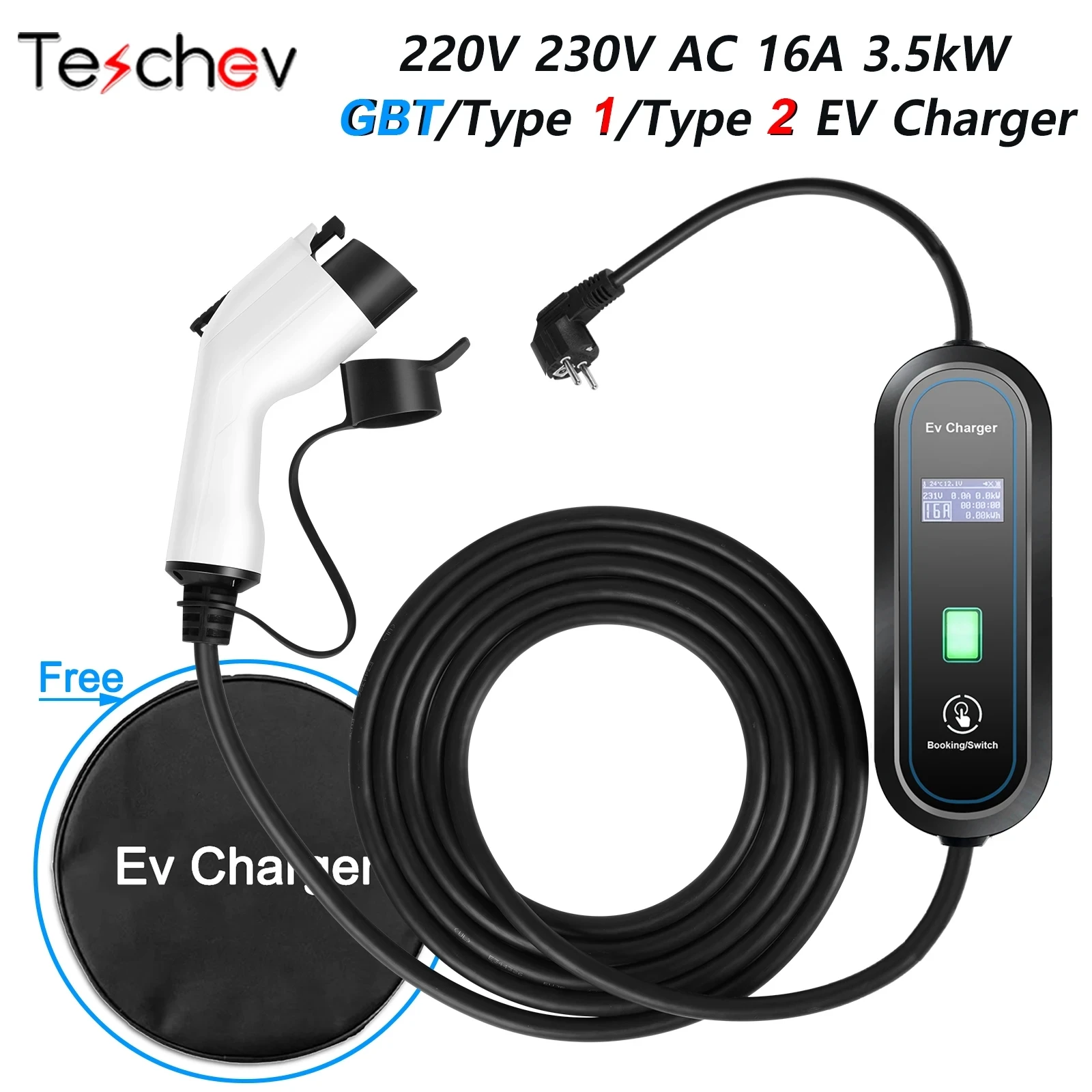 Teschev 220V 230V Draagbare EV-oplader Wallbox 16A Type1 J1772 Oplaadkabel Type2 Snoer IEC62196 Schuko-stekker voor elektrische auto - afbeelding 2