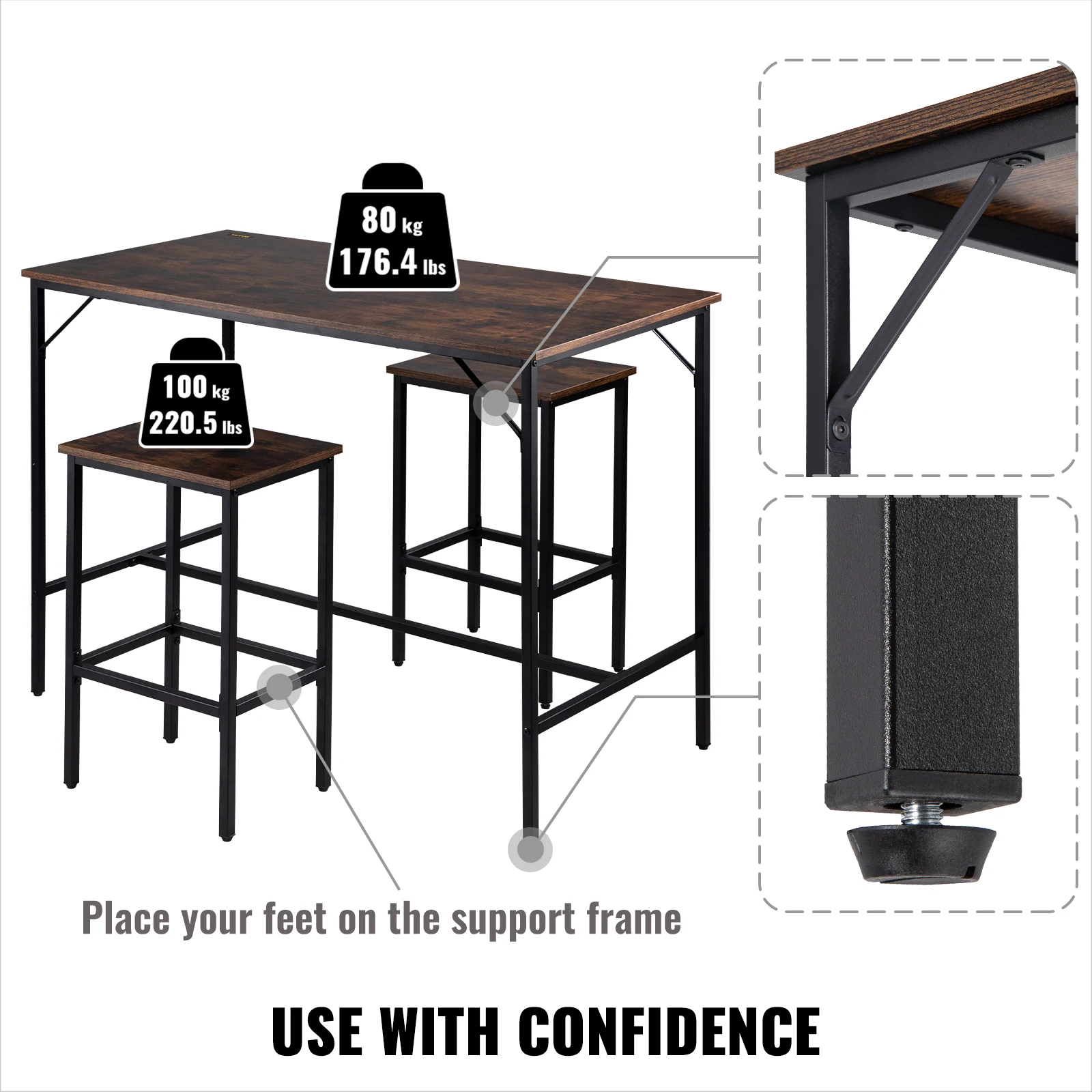 VEVOR Bar Tisch Set 3/5 Stück 39 "/43"/47 "Hoch Tisch mit 2/4 Runde/platz Barhocker für Home Küche Wohnzimmer Rustikalen Braun