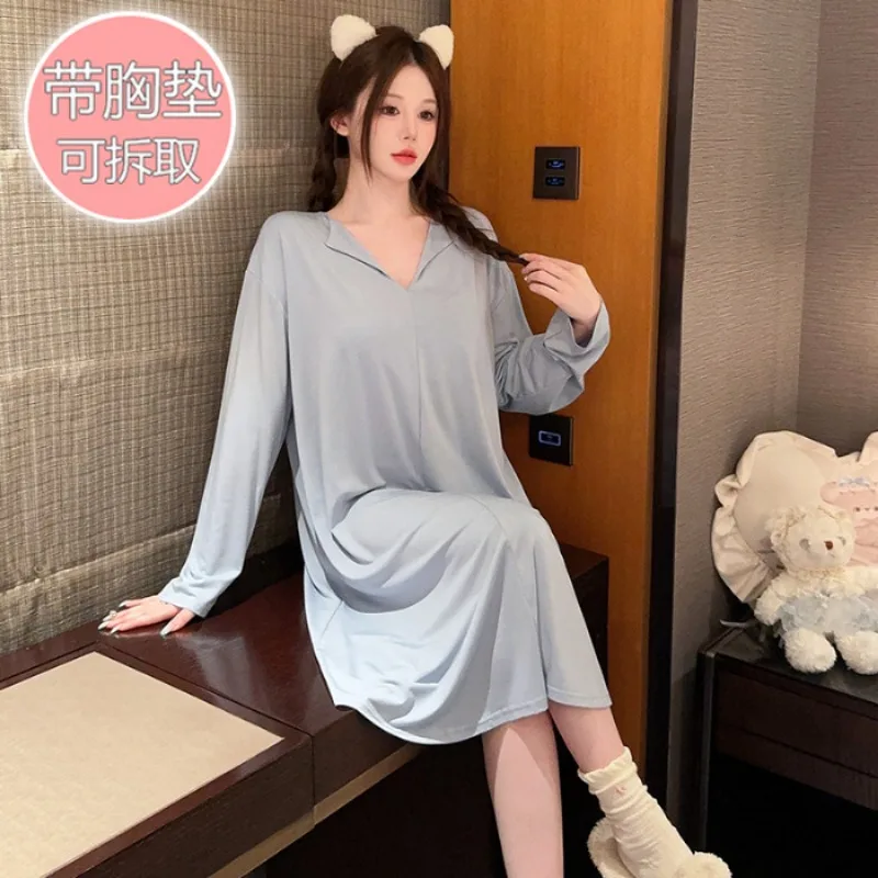 5XL Plus Size Autumn Winter Modal Pajamas Women\'s Solid Simple Nightgown with Chest Pads Long Sleeved Loungewear Home Clothes