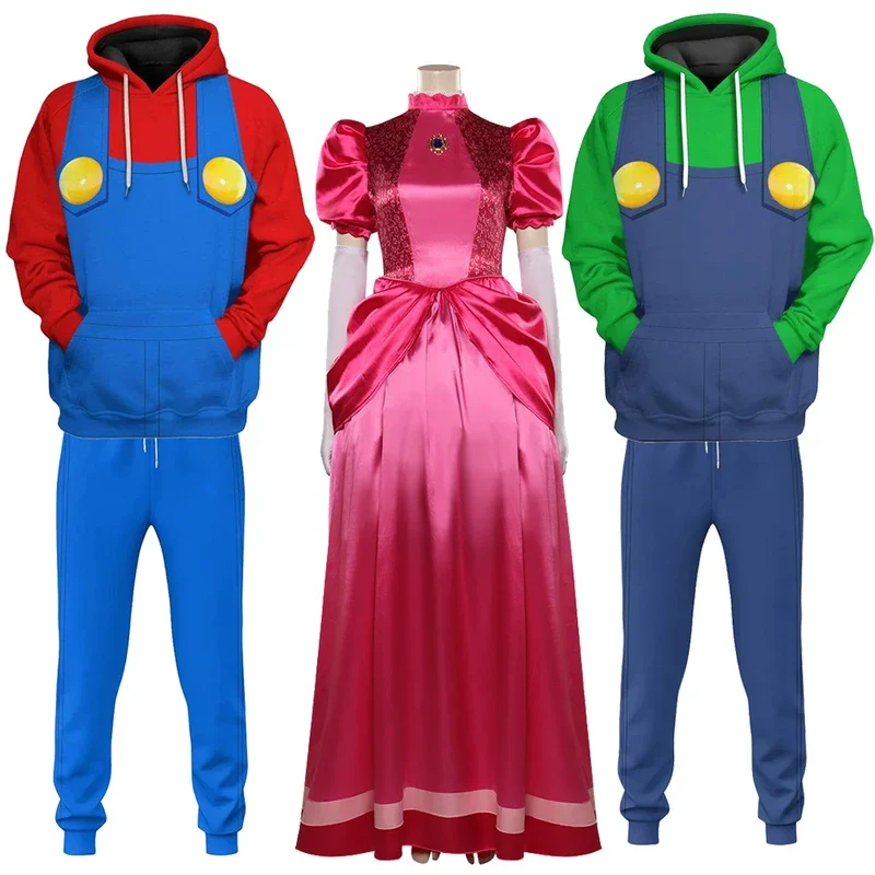 

Anime Plumber Peach Cosplay Fantasy Hoodie Pants Movie Bros Princess Costume Couples Disguise 3D Printed Hooded Sweatshirt