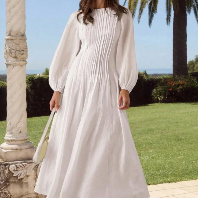 K-Star New French Style White Long Sleeve Dress Women Slim Elegant Maxi Dress Vacation Style Spring Summer