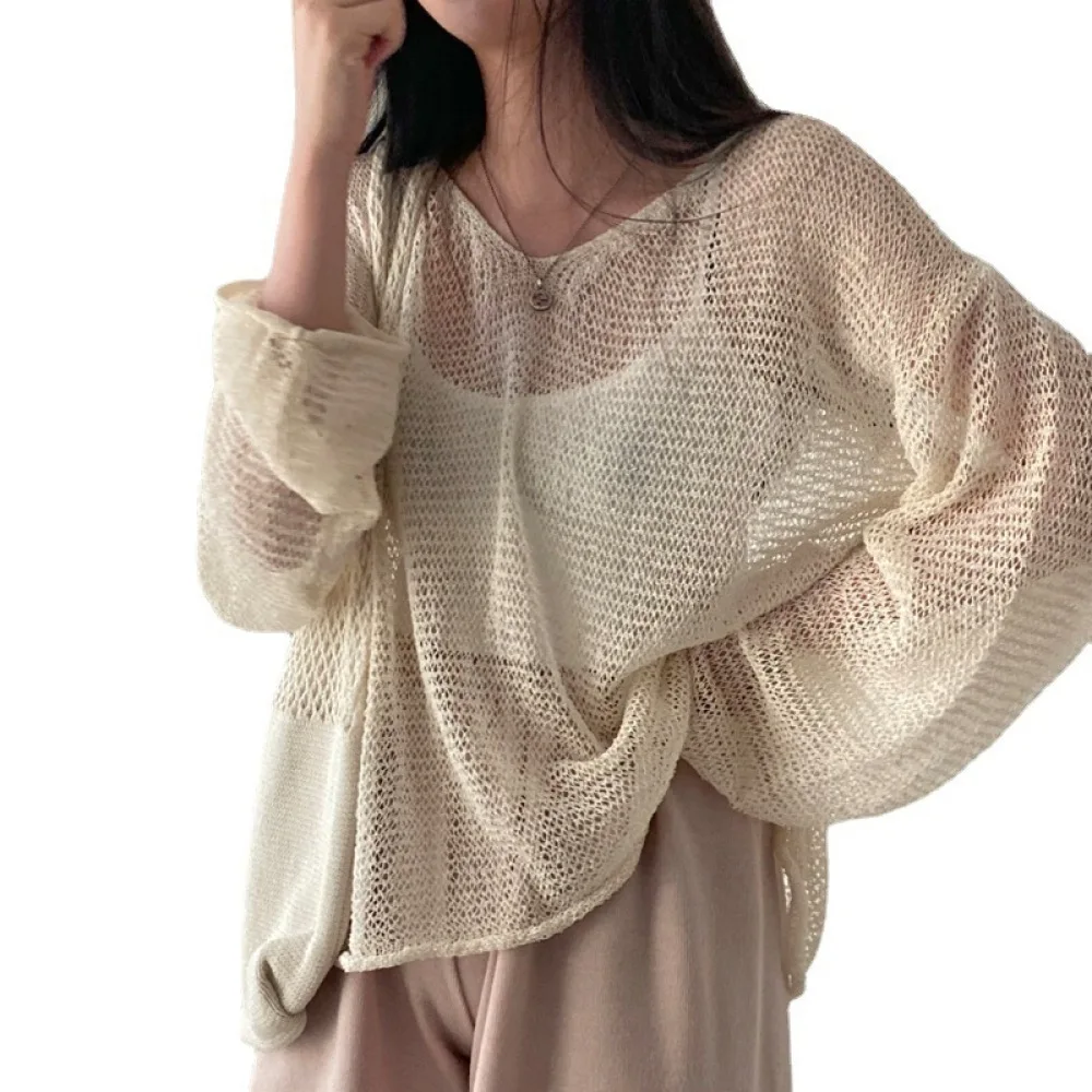 women-hollow-out-knitted-shirt-summer-sunscreen-loose-long-sleeve-korean-style-breathable-thin-beach-holiday-coverup