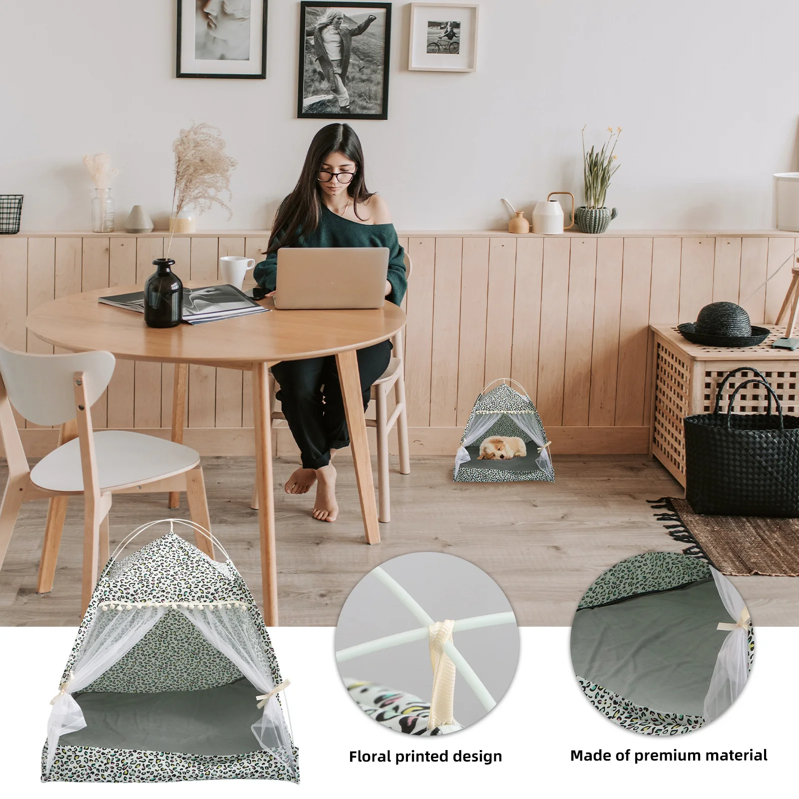 

Pet Tent Dog Kennel Foldable Cat House Washable Kitten Rest Durable Detachable Floral Design Decor Toy