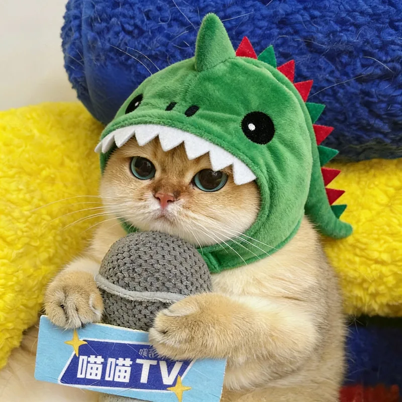 Internet-Famous Pet Cat Dinosaur Cosplay Headpiece Winter Warm Plush Kitten Hat Cute Funny Posing Headwear Halloween Party Props