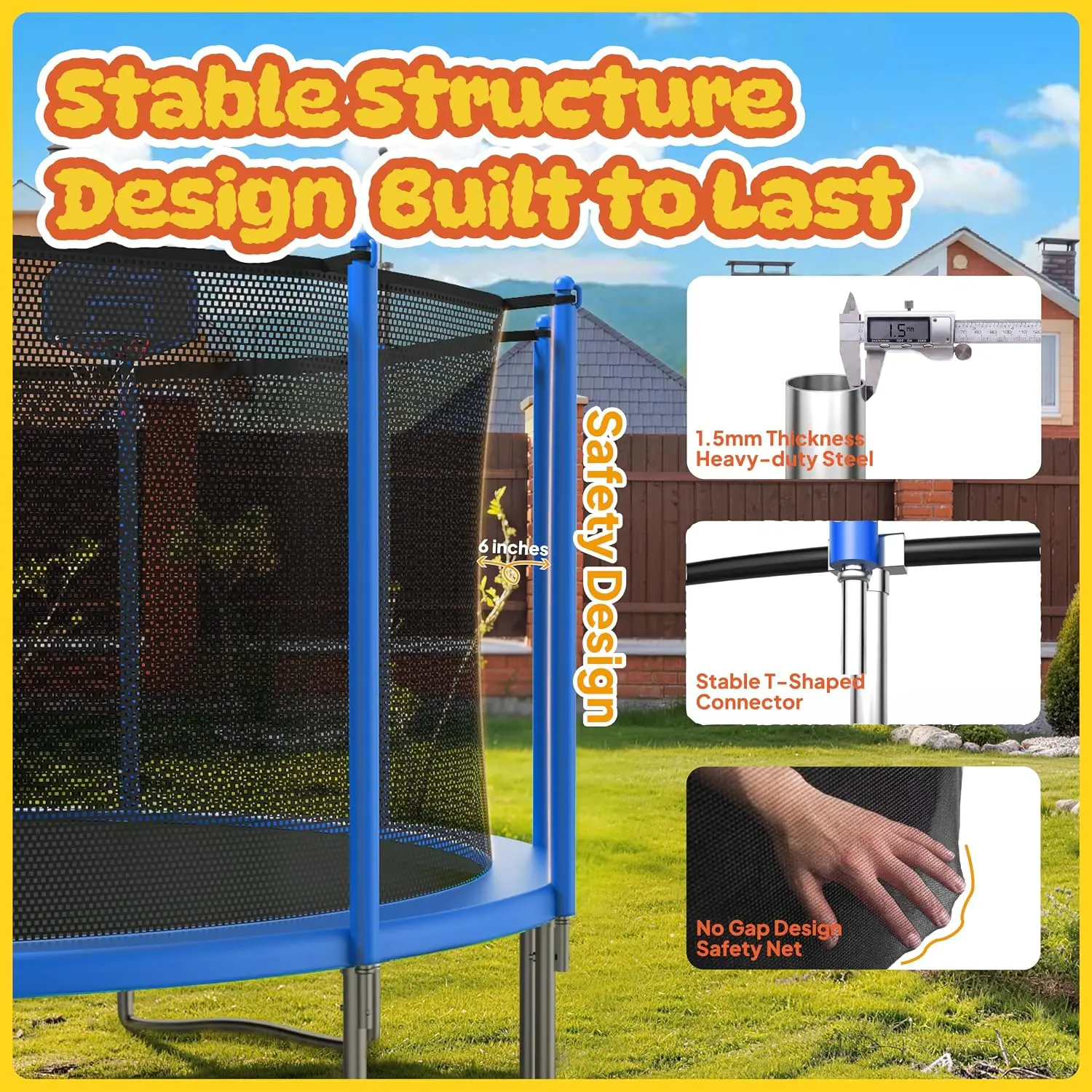 1500LBS Capacity No-Gap Design 8 10 12 14 15 16 FT Recreational Jumper with Enclosure Net, Wind Stakes & Basketball, Customized image 2