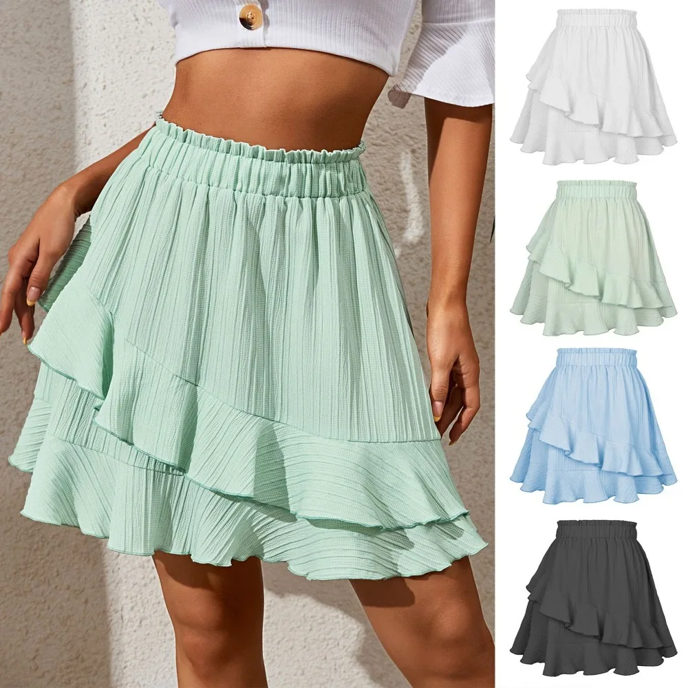 Summer Best Seller Sweet Flared Mini Skirt Women High Waist Asymmetrical Solid Skirt Sexy A Line Boho Style Trendy Euro Fashion