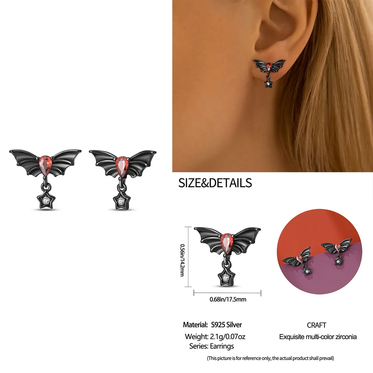 

New Original 925 Sterling Silver Dark Bat Red Zirconia Earrings for Women Fashion High Quality Birthday Gift Fashion Jewelry