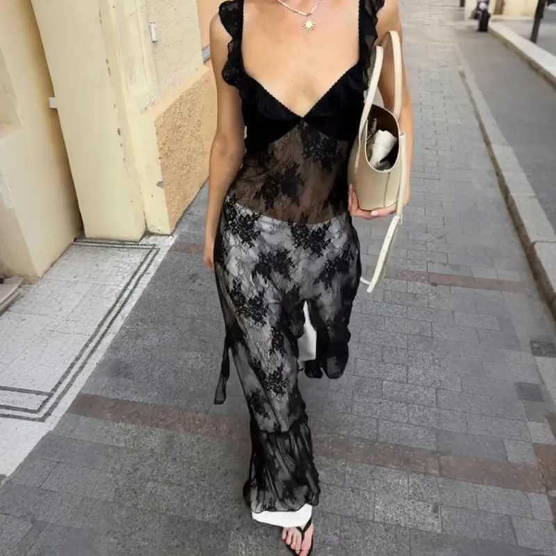 

Talenza Black Lace Dress Women Sexy Lace See-Through Hollow Out Elegant Dress Summer Fashion Party Vacation Maxi Dress Vestidos