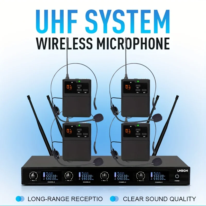 LMBGM AU500 Professional UHF Wireless Microphone System With Infrared Pairing, 4-Channel Headset Mics, For Stage Church Wedding
