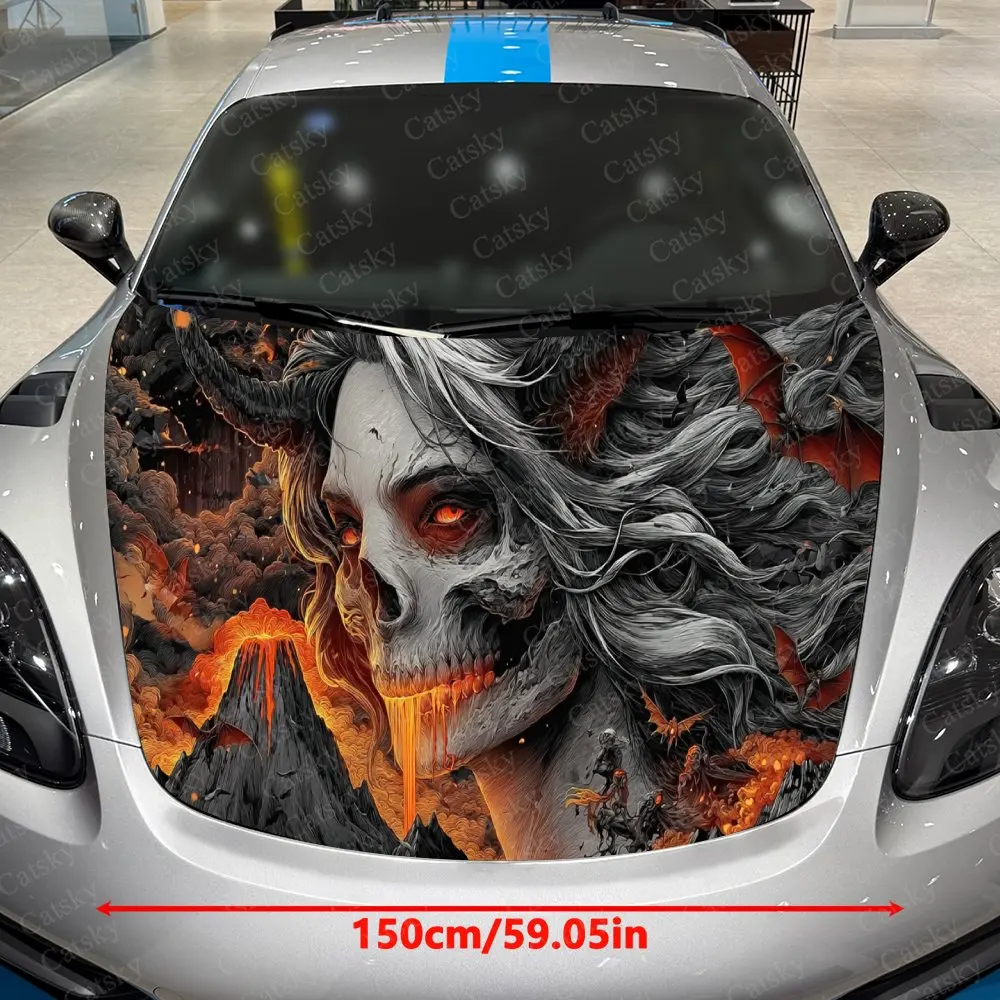 Volcano Skeletal Succubus Car Vinyl Wrap, PVC Material Waterproof Car Hood Sticker, Self-Adhesive Scratch-Resistant Stickers for