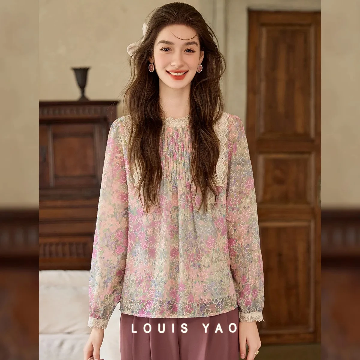 

LOUIS YAO Sweet Floral Printed Patchwork Women's Blouse 2025 Autumn Women Shirt Pullover Long-sleeved Shirts Top for Women