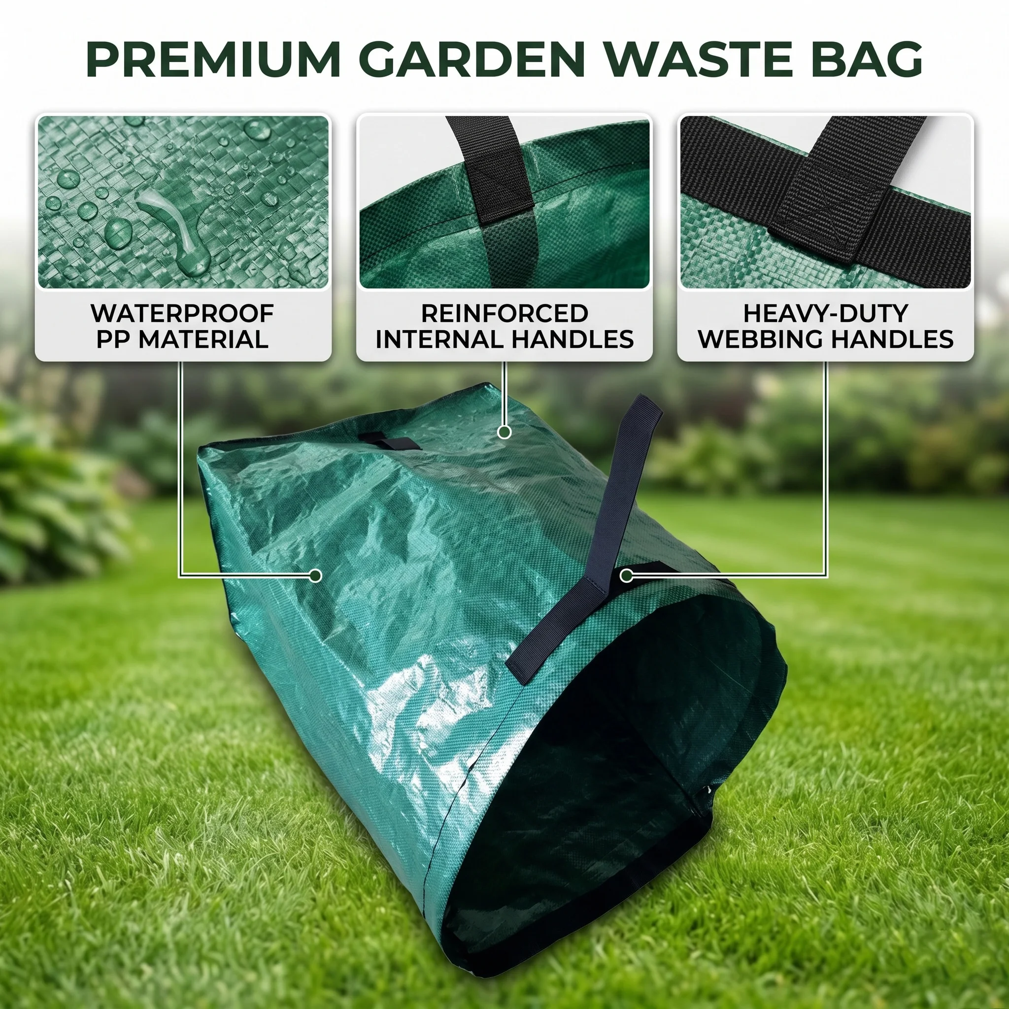 Heavy Duty 53 Gallon PP Woven Garden Yard Waste Bag Reusable Dustpan Leaf Collector Grass Garbage Storage Bags With Handle Green