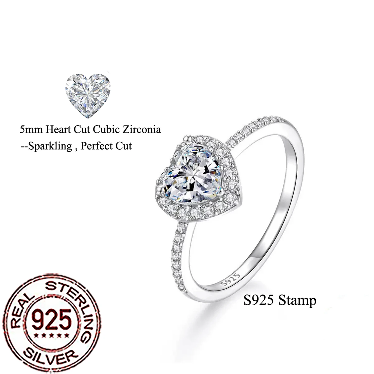 QooLady 925 فضة فاخر لامعة زركون معبد شكل قلب خواتم للنساء الزفاف مجوهرات الخطوبة هدايا SR081 #2