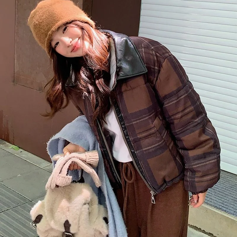 Women Fashion Dark Coffee Check Quilted Cotton Coat Women Oversized Drop Shoulder Stand Collar Short Winter Vintage Jacket