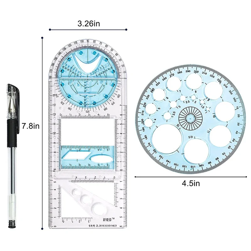 Compact 8 Pcs Multifunctional Geometric Ruler Plastic Circle Drawing Tool Drafting Templates Clear Graphic Design Tools