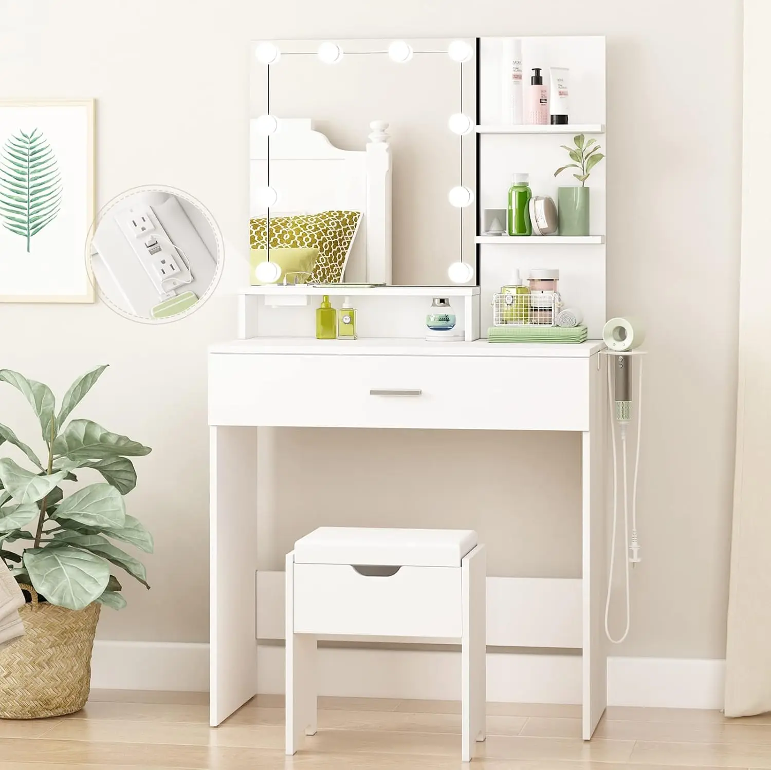 

Makeup Vanity Table with Lighted Mirror & Power Strip, White Vanity Set, Lots Storage, 3 Lighting Modes, Brightness Adjustable