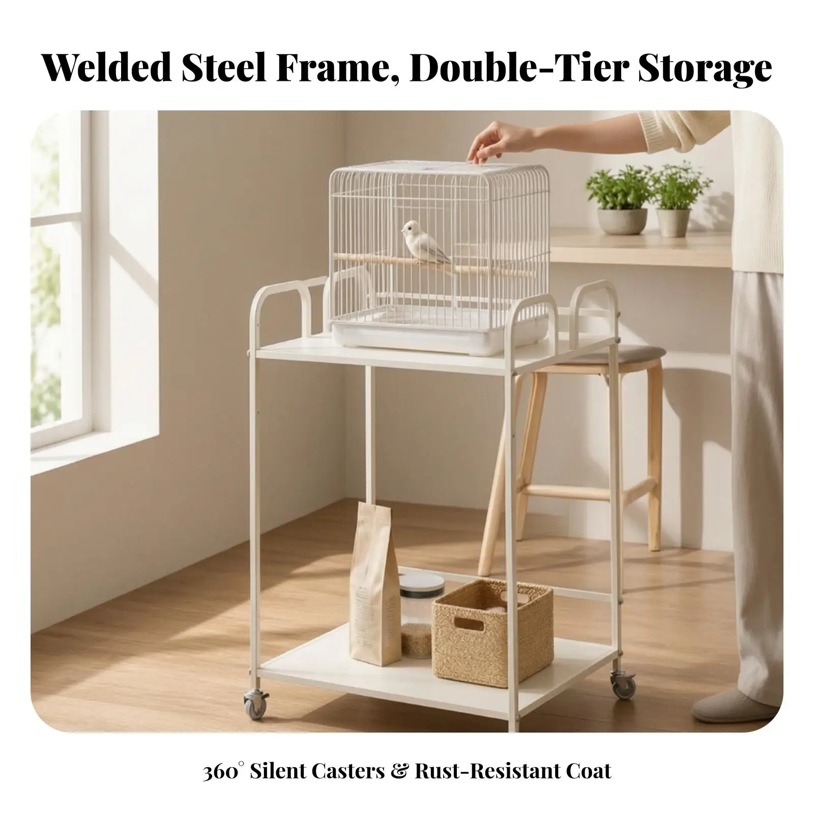 Sturdy Bird Cage Holder with Caster Wheels Double Tier Shelf for Large Parrot Aviary