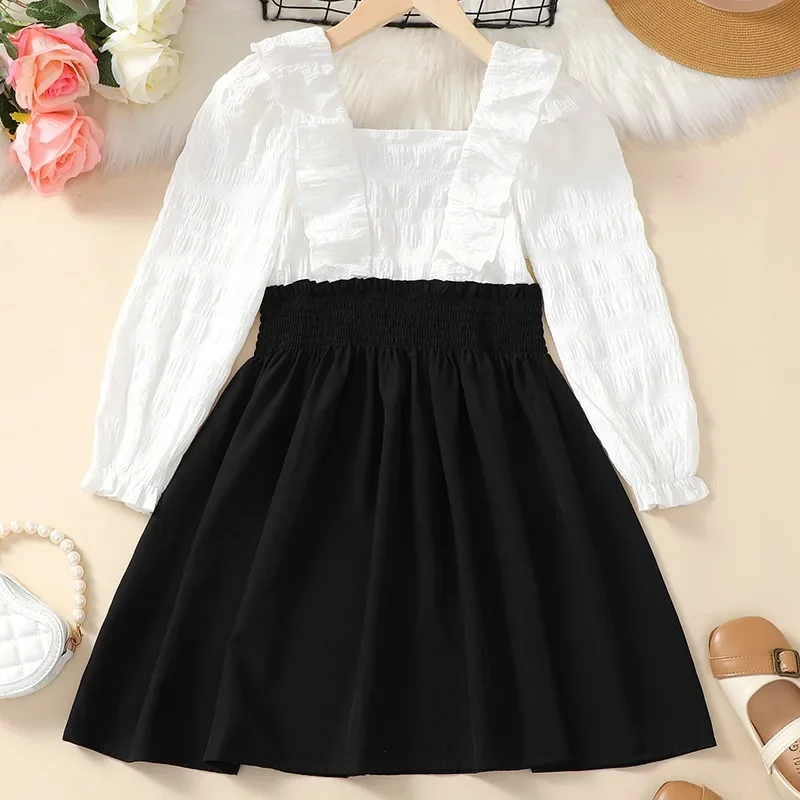 

8-12 Years Children Girls Autumn Fashion Dress White&Black Patchwork Long Sleeves Dresses School Style Elegant Clothes for Kids