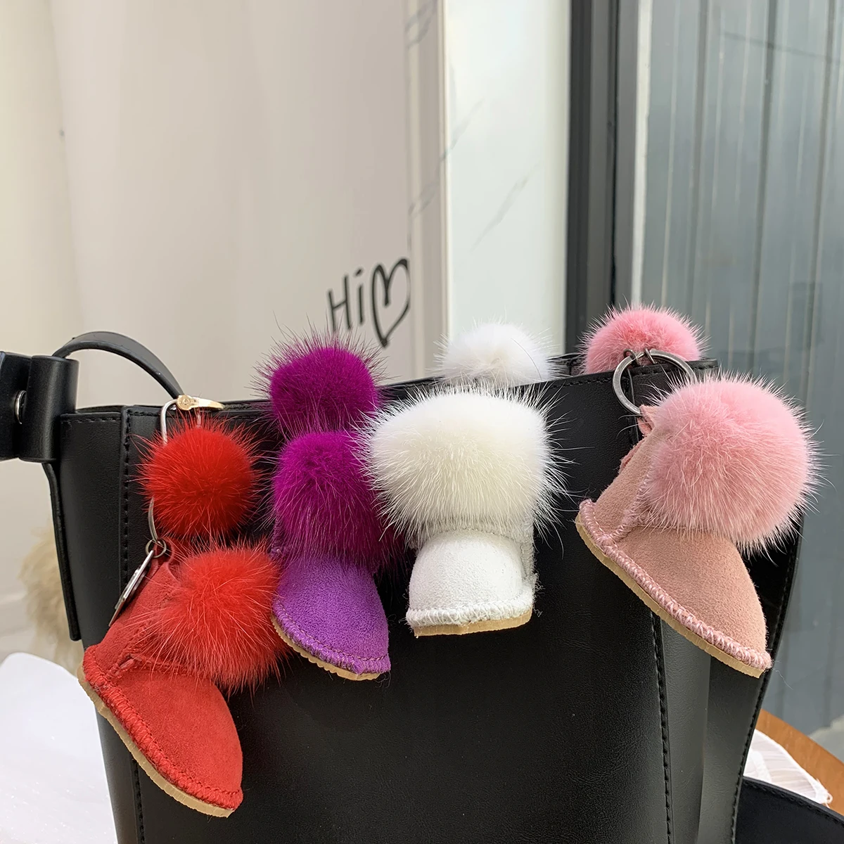 MPPM Luxury Fluffy Mink Fur Pompom Genuine Real Leather Boot Shoe Keychain for Women Car Key Chain Bagpack Accessories Pendant