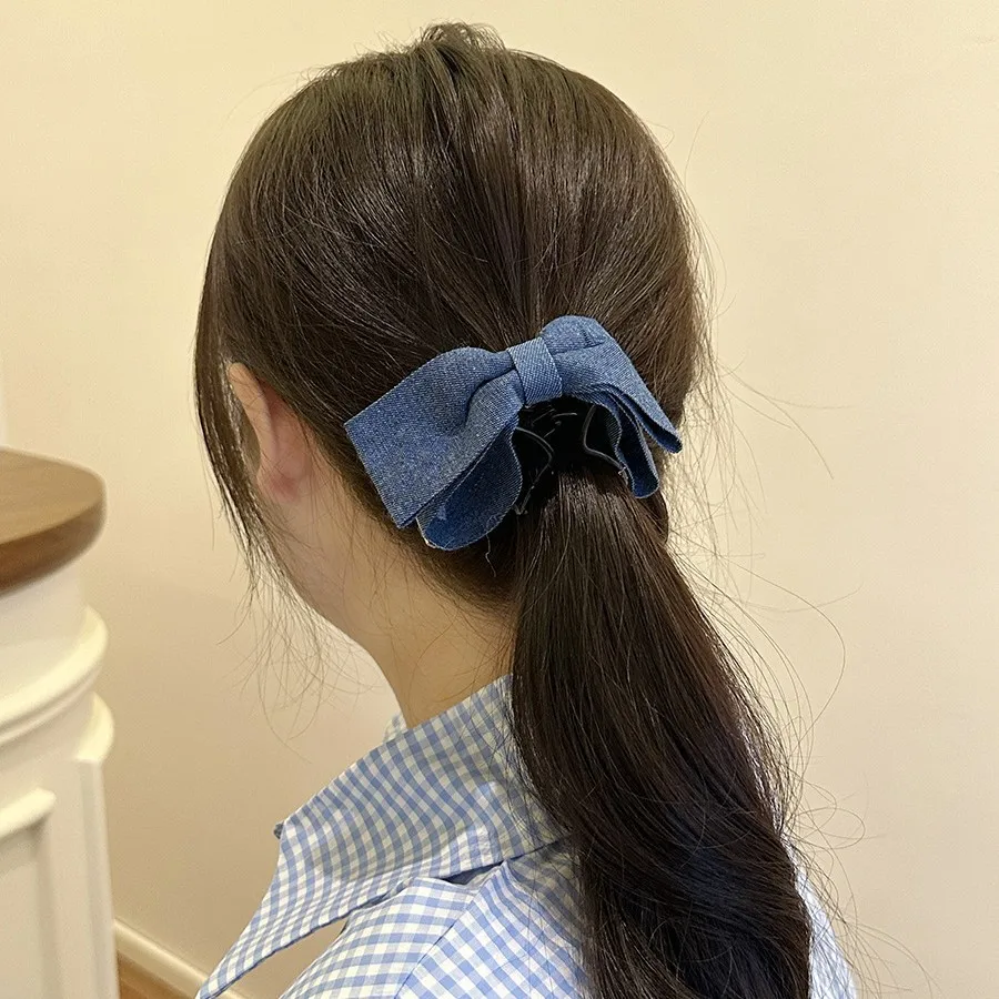 New Fashion Denim Fabric Bow Clip Headgear Back Head Disc Hair Catch Clip Shark Clip