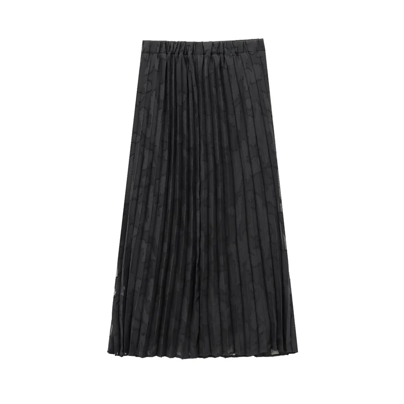 KEYANKETIAN 2025 Spring New Women Jacquard Decoration Pleated Skirt Retro style Elastic Waist Slim Black A Line Ankle MIDI Skirt