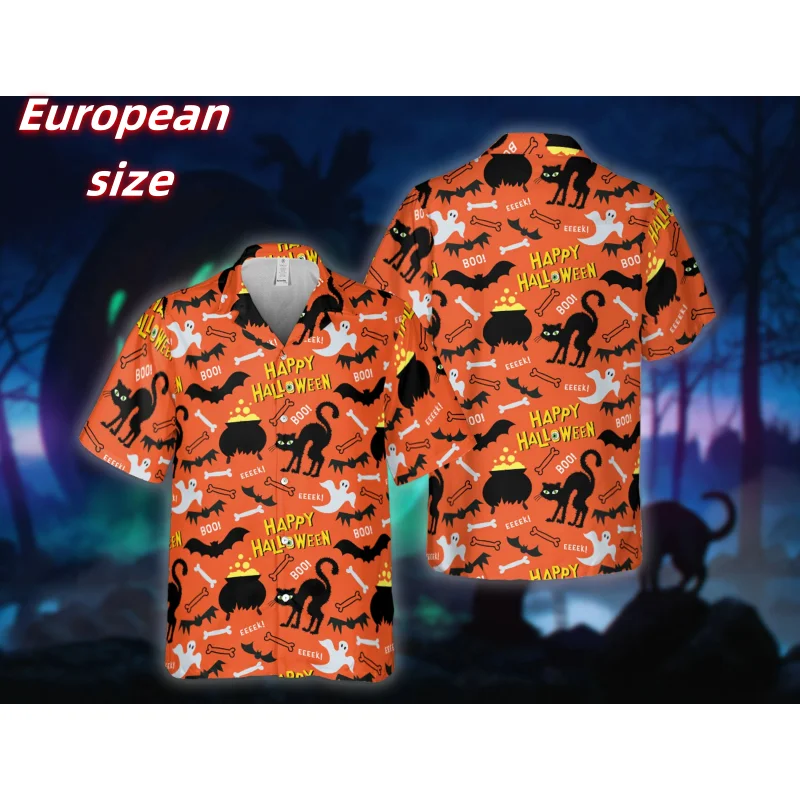 

Cat Pumpkin Bat Pattern Hawaiian Shirt For Men Happy Halloween 3D Printed Blouse Summer Short Sleeve Lapel Tops Aloha Shirts