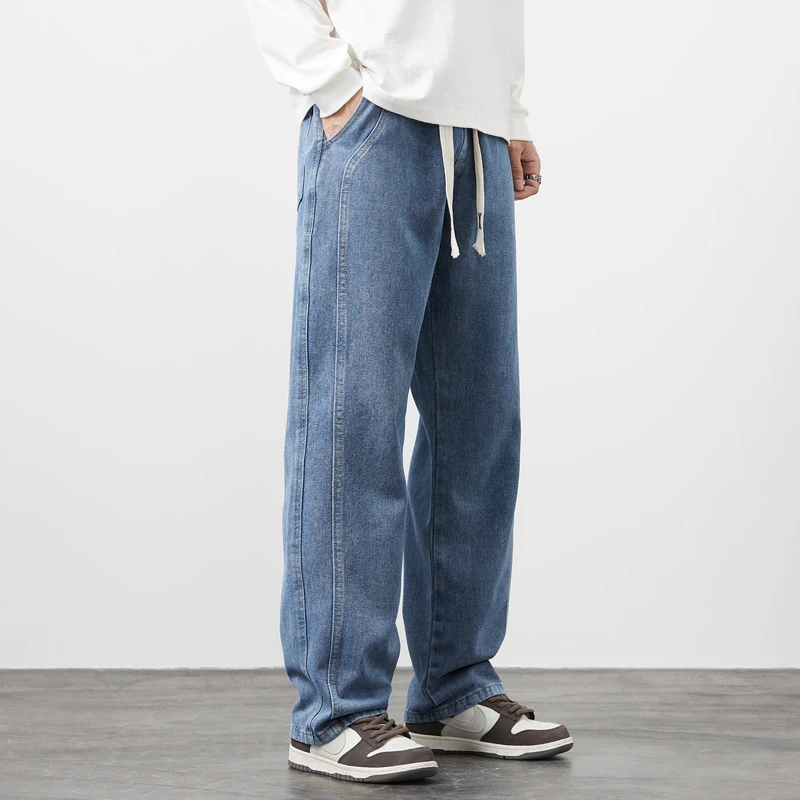 CUMUKKIYP American Men's Drawstring Jeans with Solid Color, High Street Straight Fit, Versatile Loose Wide Leg Pants