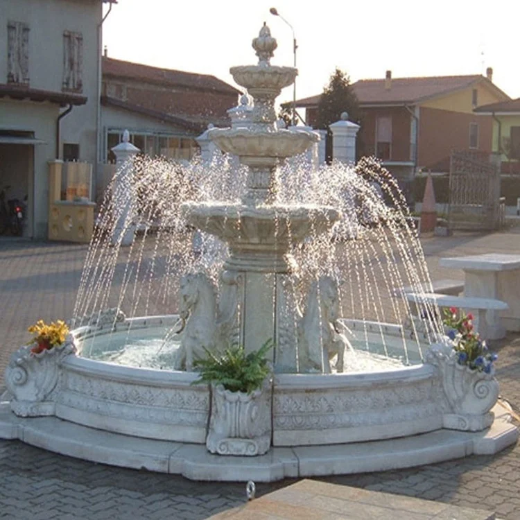 Outdoor Garden Decorative 3 Tiers White Marble Water Fountain Stone Horse Fountain