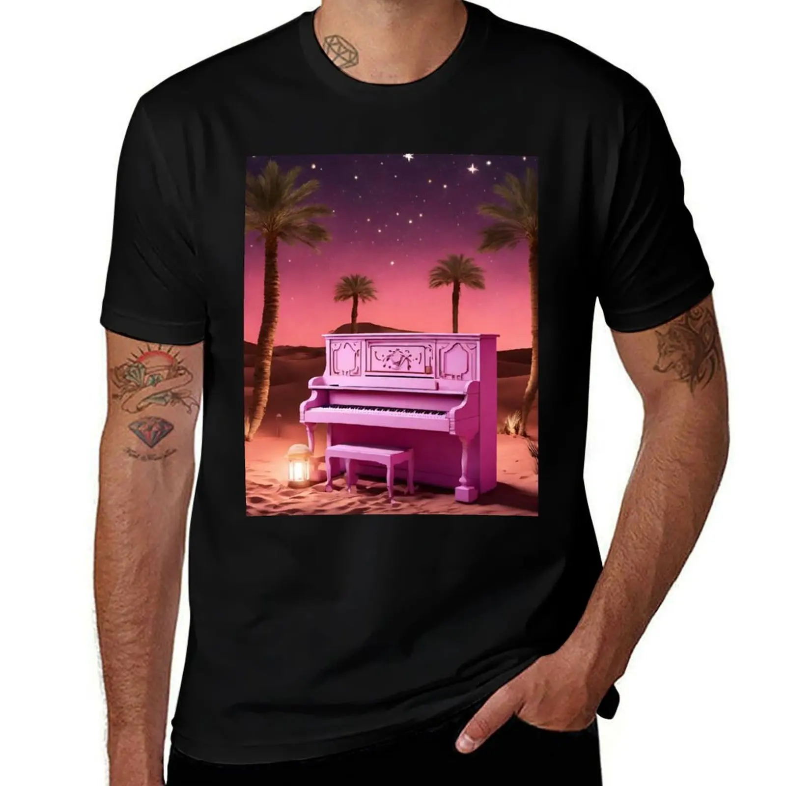 

Piano in the Egyptian desert with Pyramids, jungles, lanterns, ancient Rome T-Shirt anime t shirts oversize T-Shirt