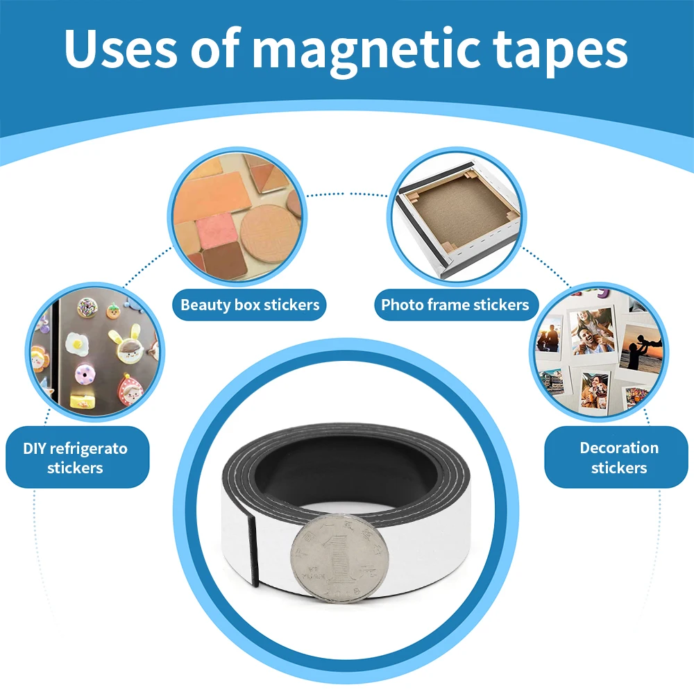 Strong Flexible Self Adhesive Rubber Magnet Tape 39.37 Inch, 1 Meter Sticky Magnetic Strip for Fridge Photos and Posters