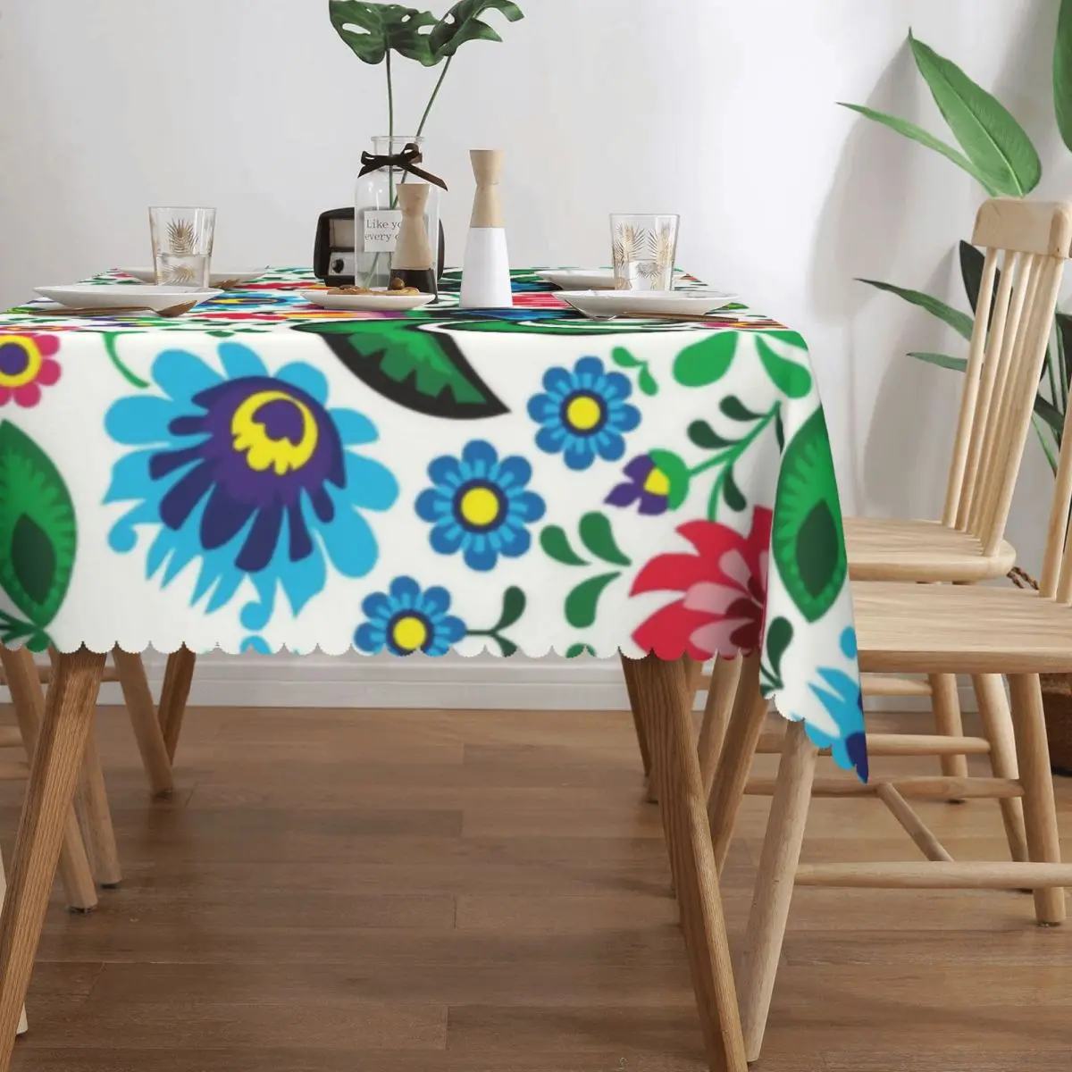 Botanical Rooster Pattern Tablecloth Rectangular Waterproof Polish Folk Traditional Flowers Table Cover Cloth for Kitchen