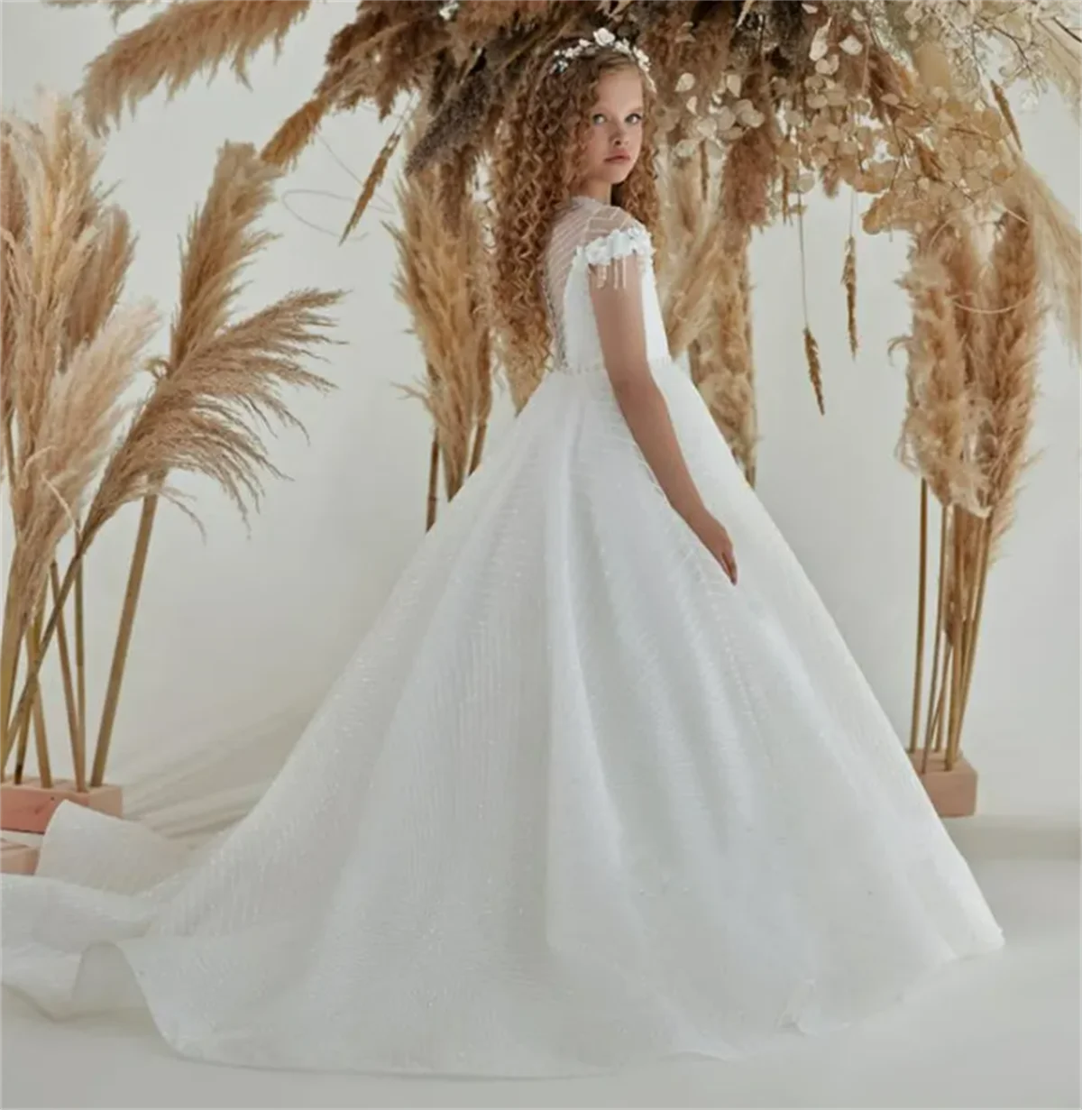 Vestido de flores para niña, vestido blanco esponjoso, encaje brillante, borla, apliques de flores encantadoras, fiesta de graduación