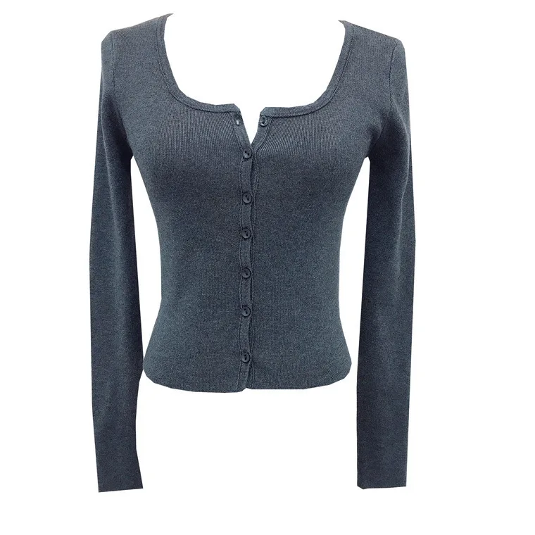 7137 Jesienny Nowy Styl Szary Kardigan ~ Dekolt Kwadratowy, Podkreślający Biust, Prążkowany, Dopasowany, Seksowny Top Damski