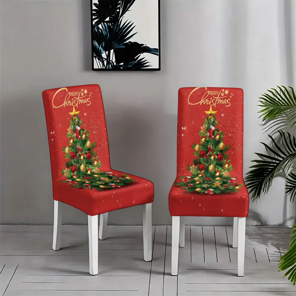 Bright Red Golden Merry Christmas Letter Christmas Tree Bauble Full Print Dining Chair Slipcover Stretch Xmas Chair Cover