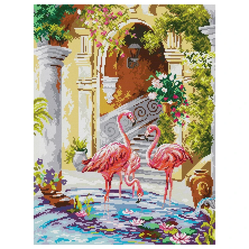 Joy Sunday - Kit de Punto de Cruz con Estampado de Flamenco Rosa 14CT, Tela Estampada con Animales, Kit de Manualidades de Punto de Cruz, Juego de Bordado