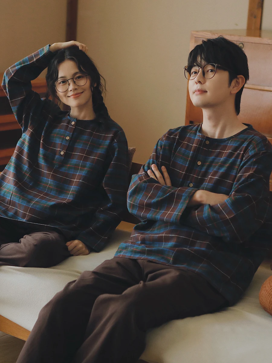 

Couples Japanese Sle Plaid Flannel Pajamas Men's Cotton Fce Home Clothes Outdoor Wearable Set Warm Soft Long Sve