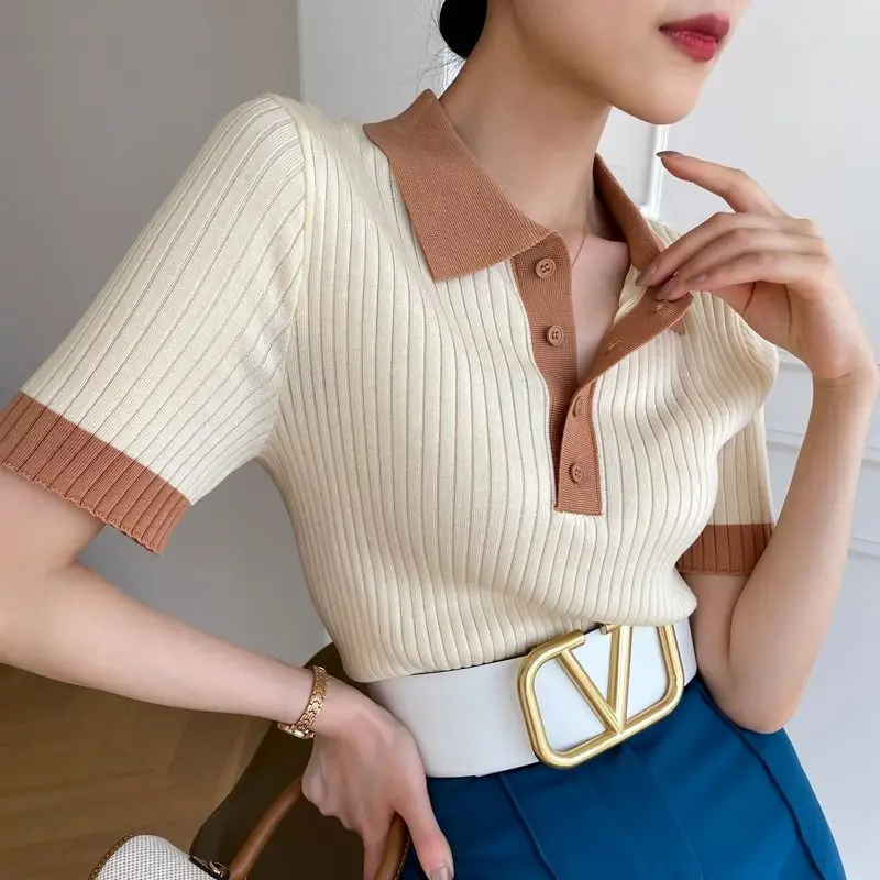 Polo Neck Knit Sweater Women Short Sleeve T-shirt High-end Slim Korean Chic High-end Tops Patchwork Women Clothing Thin Pullover