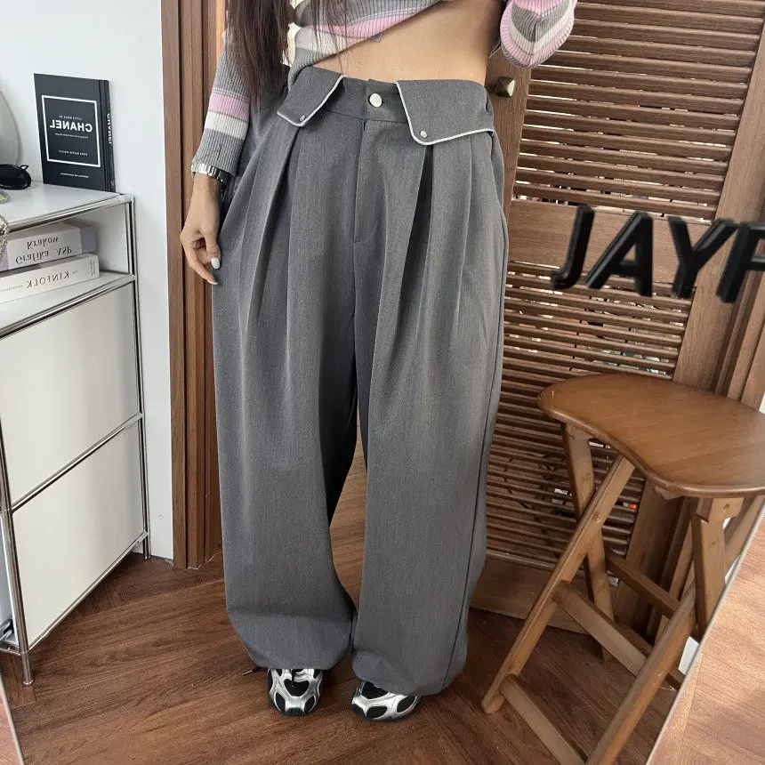 

Брюки с высокой талией, прямые, широкие, женские, в корейском стиле, с эффектом похудения, драпированные, эластичные, для офиса, от Dongda Gate