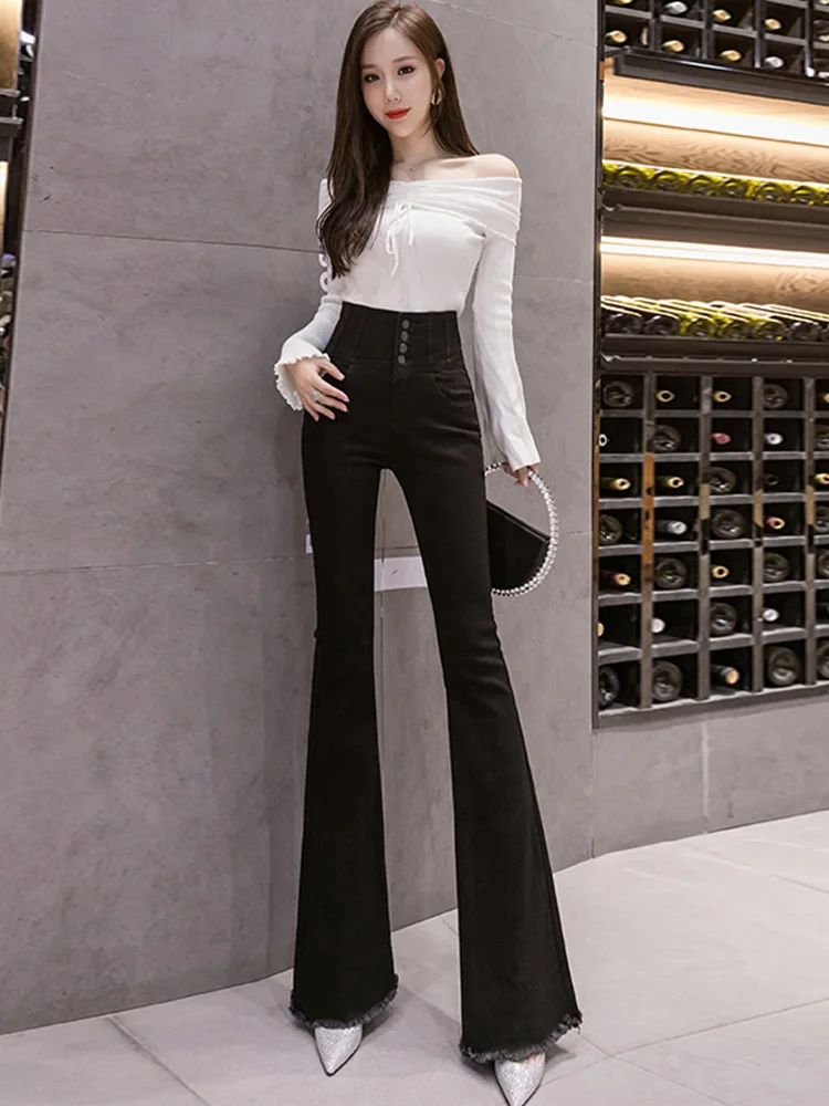 Fashion Women\'s Jeans 2022 Autumn New High Waist Slimming Tight-breasted Raw Edge Stretch Flared Trousers Korean Women Clothing