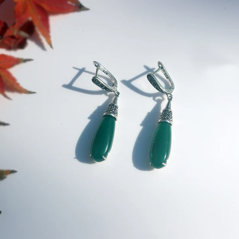 Ajojewel Green Stone Vintage Earrings Woman Old Style Silver-color Hollow Design Ear Drops With 925 Mark