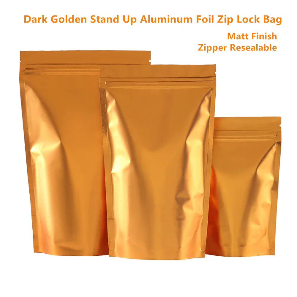 100pcs Matte Golden Stand Up Aluminizing Foil Zip Lock Bags - Zipper Grip Seal Plastic Pouches for Snacks / Chocolate Packaging