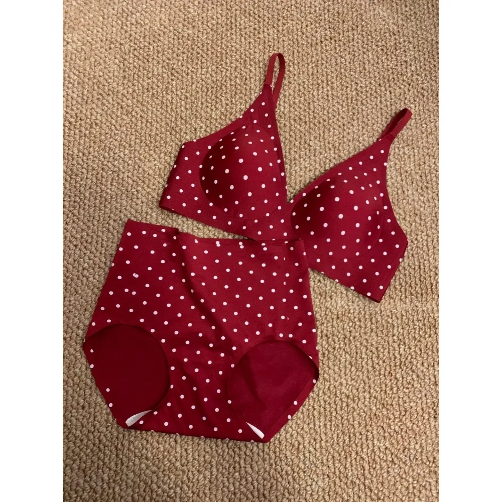 Red Polka Dot Women Bra Panty Set Small Bust Push‑Up Support Lifting Side Shaping for Wedding Lucky Year Ladies Lingerie  32‑38