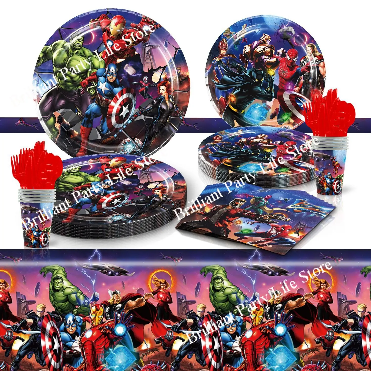 Cartoon The-Avengers Theme Birthday Supplies Tablecloth Paper Plate Cup Straw Banner Balloon Party Decoration Set Baby Shower