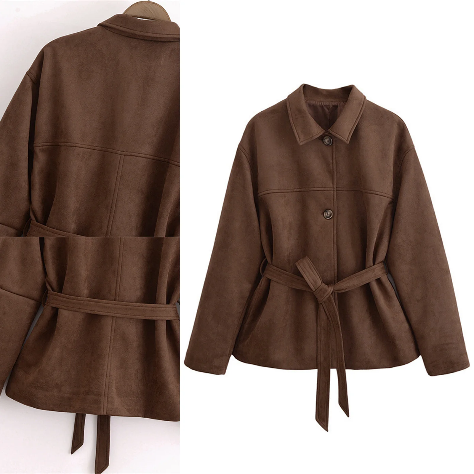 Women Faux Suede Lapel Jacket Retro Coat Long Sleeve Front Button-down Side Pockets Belted Cropped Outerwear for Daily Casual