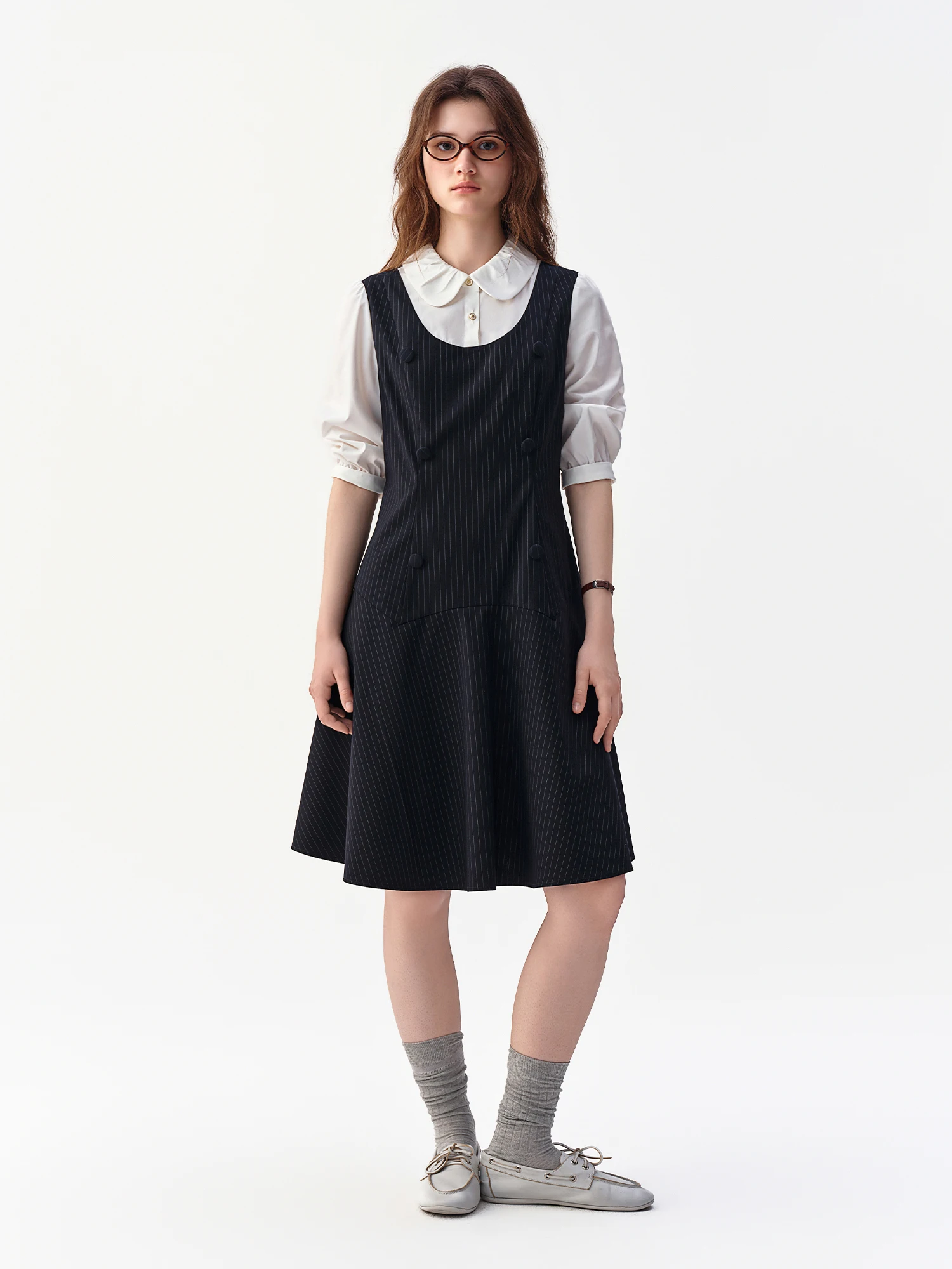 DUSHU 2026 Fall Women's Chic Preppy Faux Two-Piece Long Sleeve A-Line Dress with Waist-Defining Fit for Daily and Office Wear