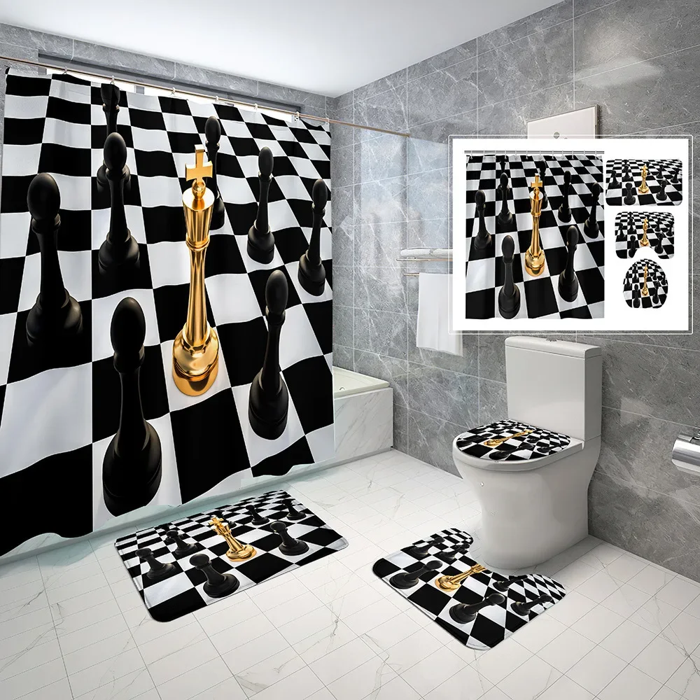 

Черно-белые шахматные занавески для душа, нескользящий коврик, чехол для унитаза, коврик для ванной, шахматная голова лошади, цифровые занавески для ванной с крючками