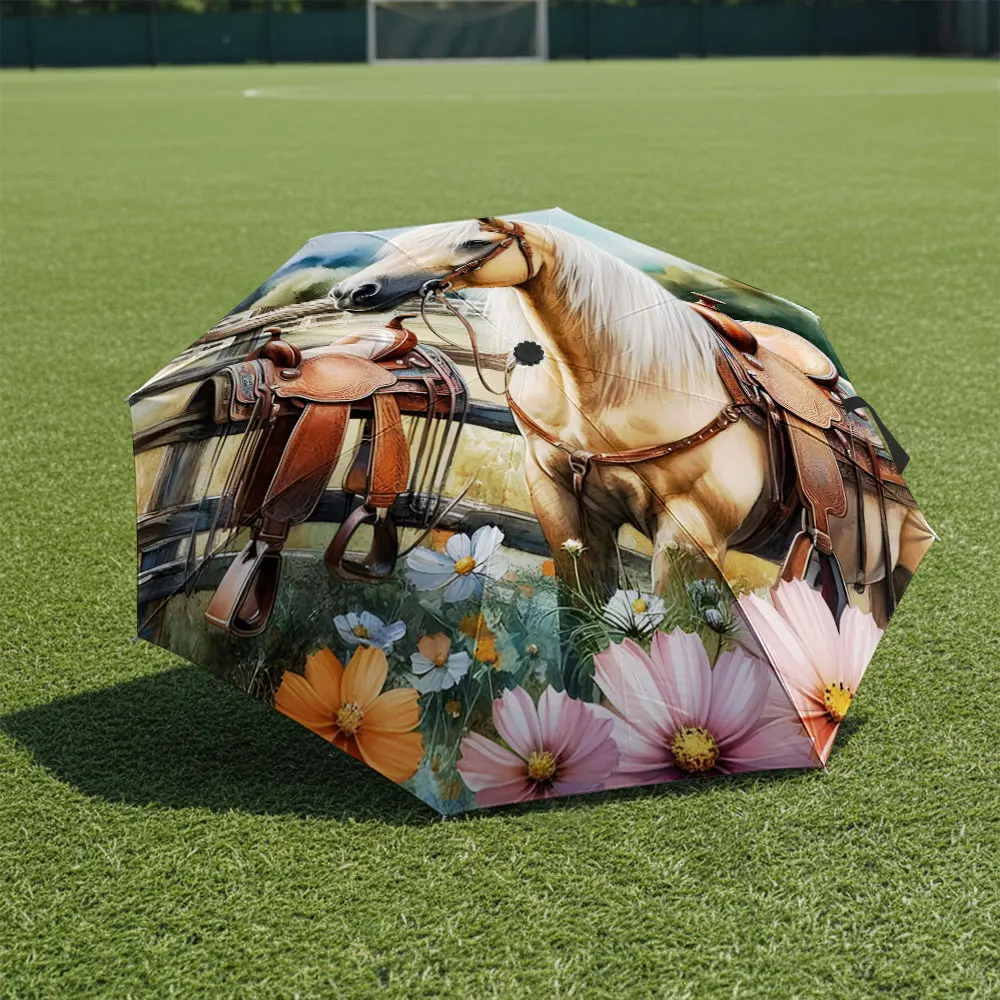 1P C Artistic Umbrella with Horse and Floral Design Print 8 Iron Ribs Folding Umbrella Auto-Open Fashion Sunshade