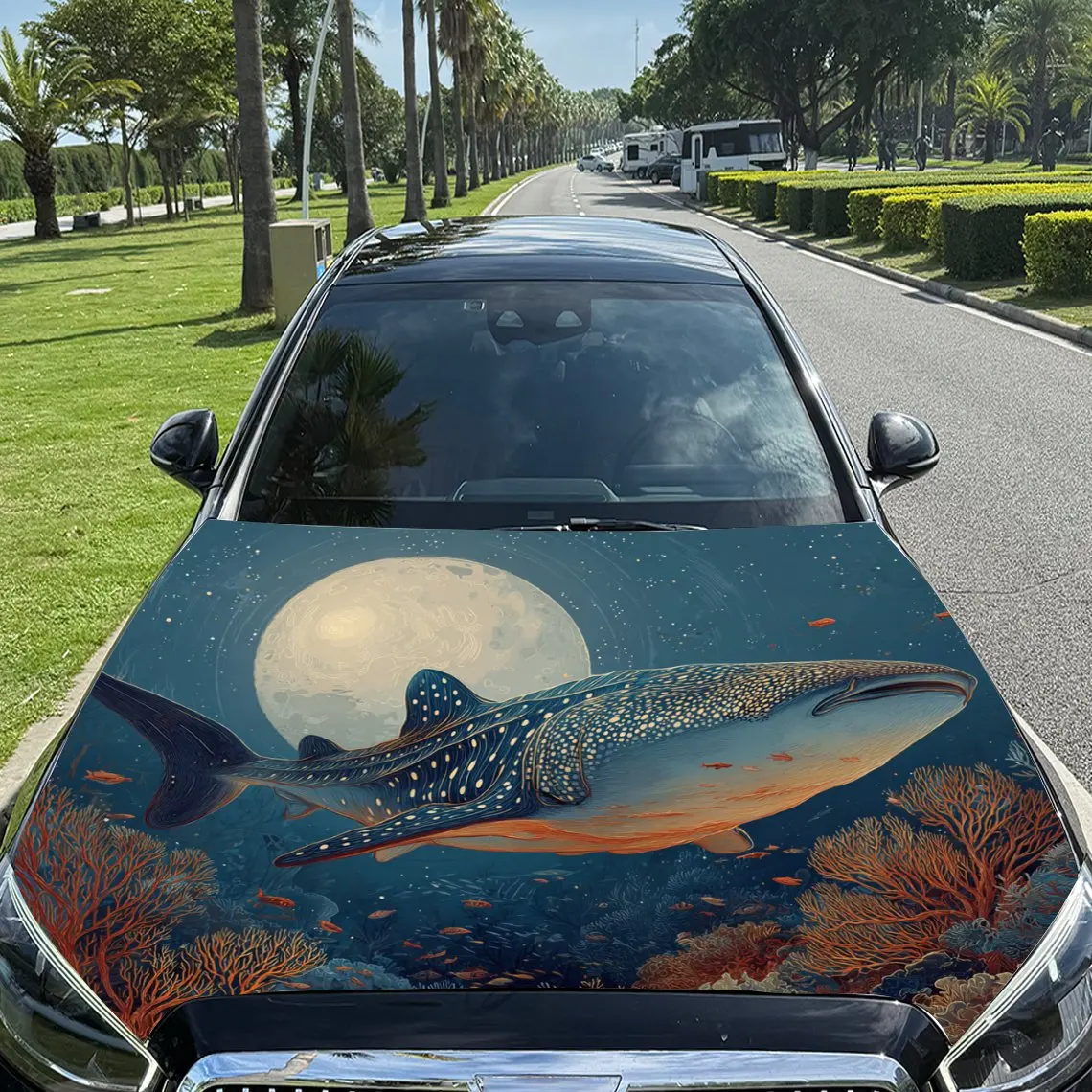 Moonlit Whale Shark Print car hood stickers, waterproof self-adhesive, scratch resistant, easy to stick, durable car PVC sticker