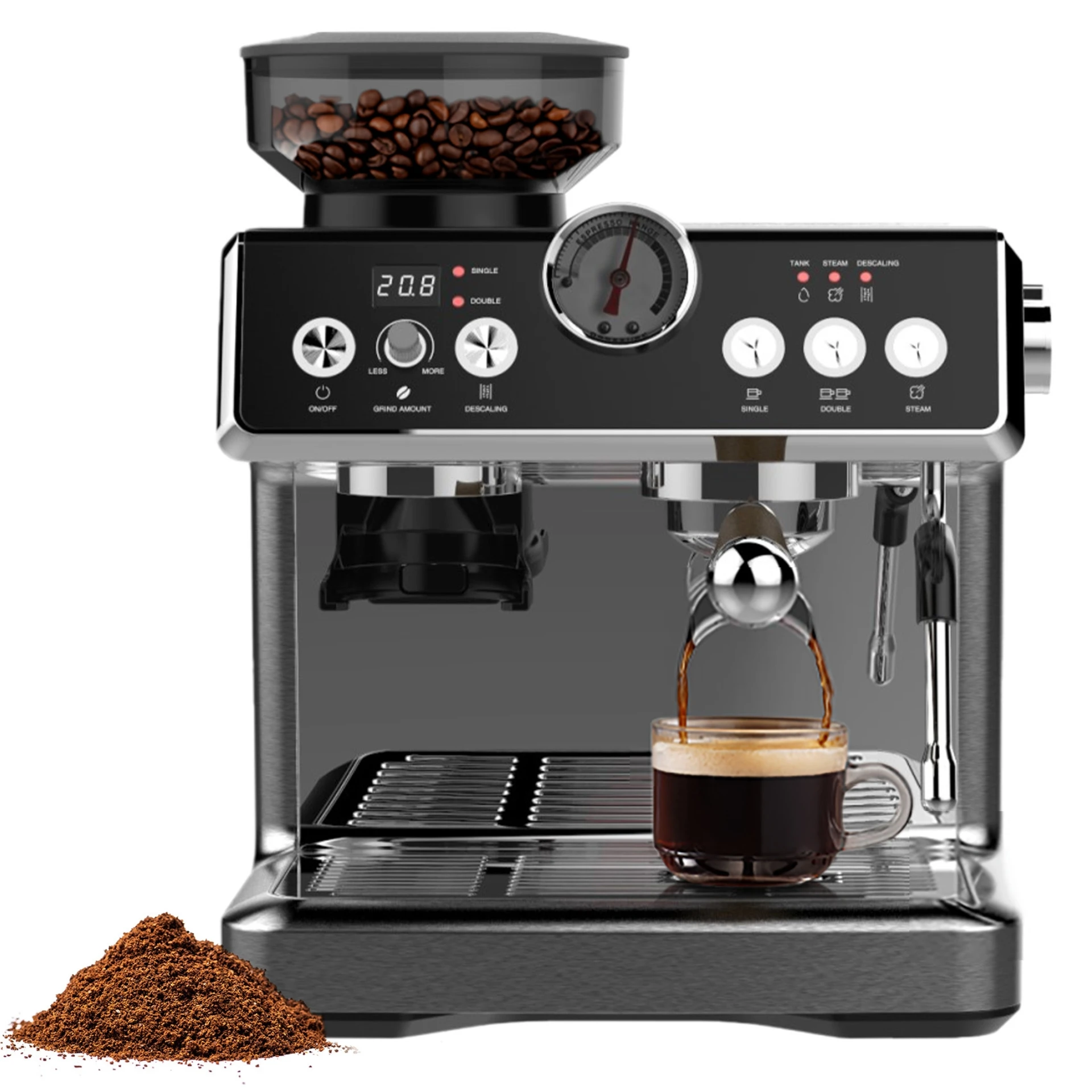 

Кофемашина эспрессо с корпусом из нержавеющей стали, кофемолкой, резервуаром для воды 2,8 л, вспенивателем молока и функцией приготовления капучино